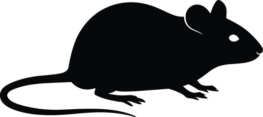 Vector illustration of black mouse silhouette with tail, cartoon rat icon, rodent shape, pest animal design, isolated wildlife symbol for logo or print