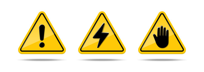 3d realistic vector icon set. Warning yellow signs isolated on white background.