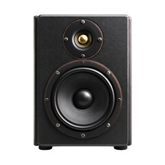 An elegant black speaker with wooden accents, designed for premium audio experience