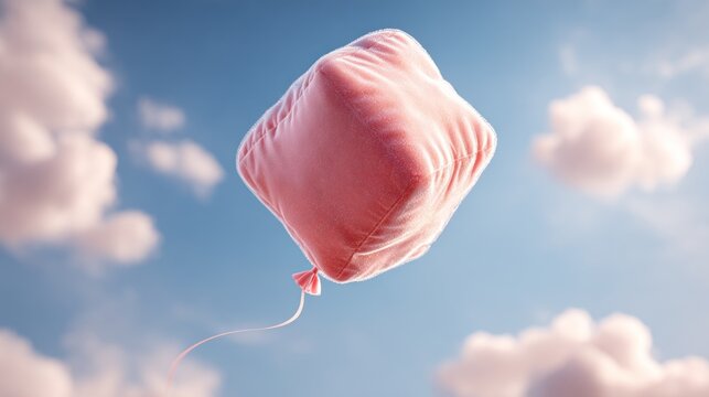 Pink cube balloon floating in a light-blue sky filled with clouds