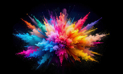 colorful pigment powder, explosion of colored powder exploding isolated on black background.