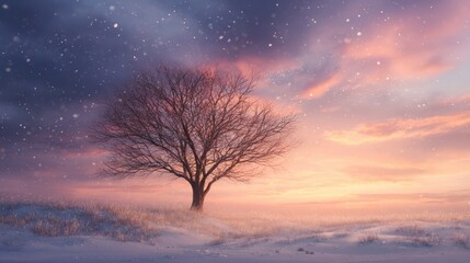 Obraz premium Winter's tranquil beauty. A lone tree stands amidst a snow-dusted landscape, bathed in the warm hues of a winter sunset