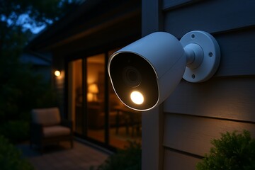 Outdoor security camera mounted on a house wall provides home safety during nighttime hours.