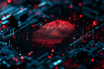 Abstract Red Particle Fingerprint on Dark Circuit Board