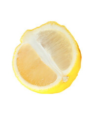 Top view of ripe yellow lemon fruit or slice in one ellipse or oval half isolated with clipping...