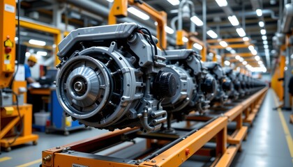 Fototapeta premium machine testing car engines on assembly line, bottom view of machine with copy space above.