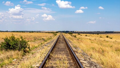 Obraz premium Railroad tracks stretching into a vast, golden landscape under a partly cloudy sky
