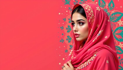 create a vibrant pop art style image with a ramadan theme in vivid coral tones, position subject on the right with clear copy space on the left for photos.