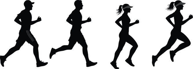 Silhouette of man and woman running, jogging workout exercise, athletic fitness pose, black vector illustration, sports activity design graphic