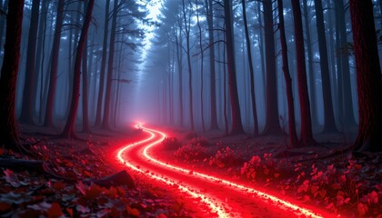 a hyper realistic photo of a glowing path cutting through a woodland forest, the scene features dazzling red tones, conveying guidance and direction