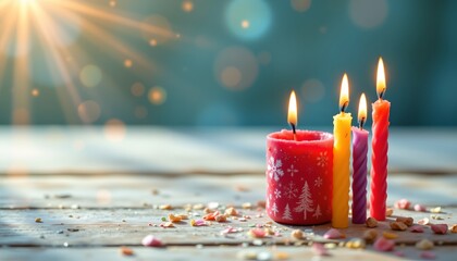 multicolored decorative candles on the right side, under sunlit sparkle, copyspace on the left.