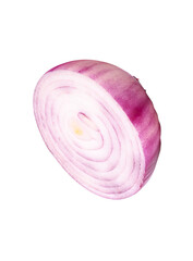 Side view of fresh red or purple onion bulb in half or slice in circle shape isolated with clipping path in png file format