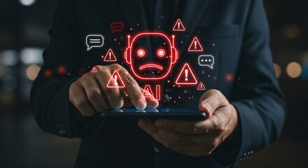 AI chatbot system alert in digital communication environment showing error, warning, and cybersecurity risk icons, highlighting potential data breach and smart automation failure in modern networks