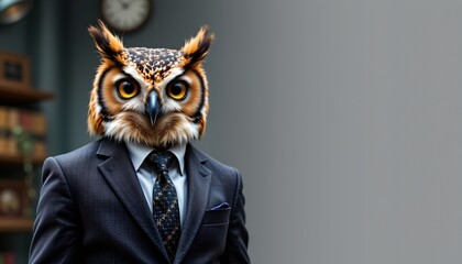 portrait of a stylish owl in a business suit, subject positioned at the top left with lime tones under floodlights, ample copy space on the right for photos.