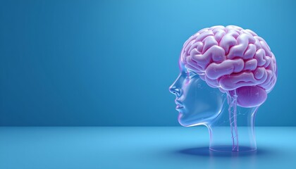 transparent 3d human brain model on the right side of a blue background with copy space on the left.