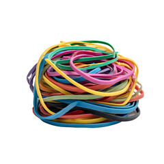 A bunch of colorful rubber bands bundled together. These elastic bands display a mix of colors, creating a visually appealing and practical pile