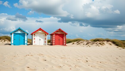 three beach huts on sandy dune under cloudy sky, geometric style, left side, clear copy space on right.