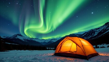 camping tent under northern lights and mountain landscape, subject positioned at the bottom with clear copy space at the top, under floodlights.