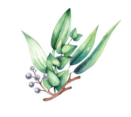 Bouquet with eucalyptus and lily bud Watercolor botanical composition isolated on white. Illustration for design of cards, invitations and branding