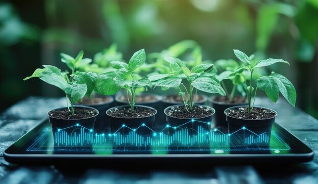 Growing plants in pots, overlaid with digital graphs on a tablet