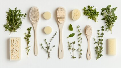 Natural bath & body items arranged on white background