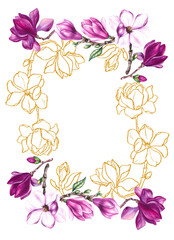 Magnolia pink with gold flower frame rectangular on white. Watercolor botanical magnolia illustration. Illustration for design cards, invitations and branding. Tropical plant magnolia