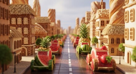 Obraz premium Whimsical fruit-car parade through a gingerbread town, sunny day.