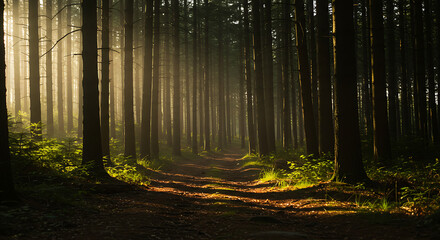 Fototapeta premium Sunlit Path Through Misty Forest at Dawn