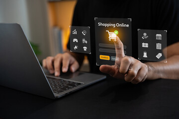 Young adult using laptop for online shopping, interacting with digital interface displaying shopping cart, payment options, and product icons.