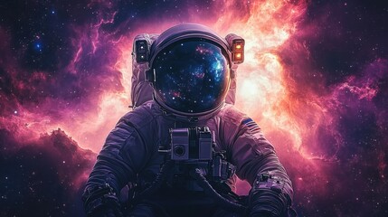 Astronaut floating in space with glowing colorful nebula clouds behind, reflective helmet showing stars creating a mysterious and adventurous atmosphere