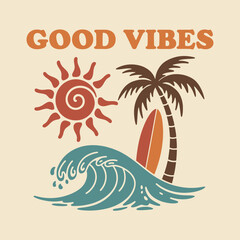 Obraz premium Retro good vibes beach scene featuring a sun palm tree surfboard and ocean wave design