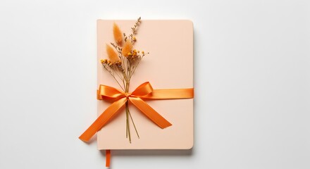 Giftable notebook wrapped with orange ribbon and dried flowers, featuring a simple, elegant design