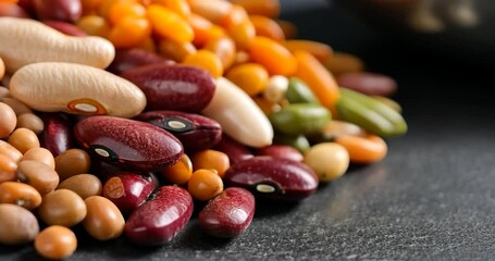 Close-up view of a colorful mix of beans and lentils on a dark gray surface.  The beans are various colors, including red, white, and orange - Powered by Adobe