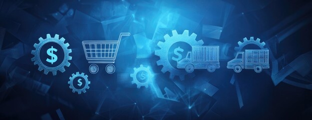 Abstract digital graphic of shopping cart, gears, and trucks with dollar signs, symbolizing e-commerce and logistics