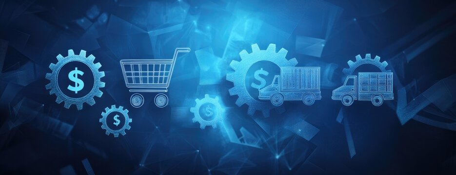 Abstract digital graphic of shopping cart, gears, and trucks with dollar signs, symbolizing e-commerce and logistics