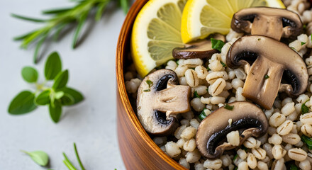 Delicious vegan bento box with mushrooms and barley