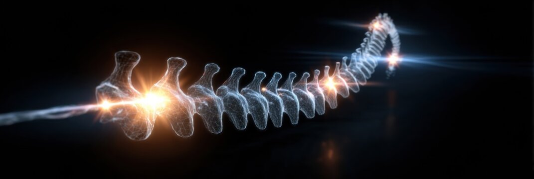 Stylized Energy Pulses Along a Spinal Line in Kinetic Style Showcasing Dynamic Motion and Vibrant Energy at Night