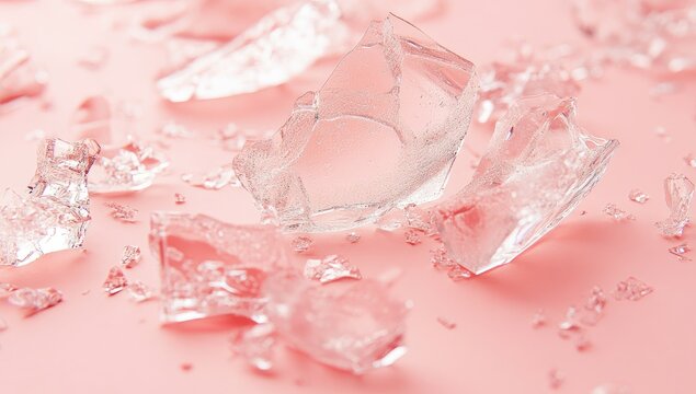 Shattered clear glass pieces on a pale pink surface