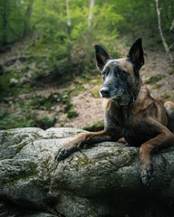 Belgian Malinois dog is resting on a rock in a lush green forest.