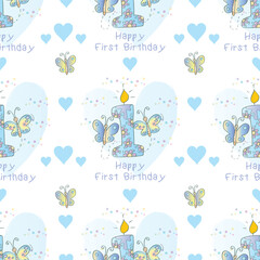Seamless vector pattern with happy first birthday celebration with butterflies and candle