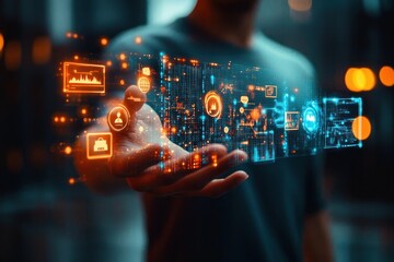 Person interacting with glowing orange and blue futuristic digital holographic interface displaying technology and data icons above open hand
