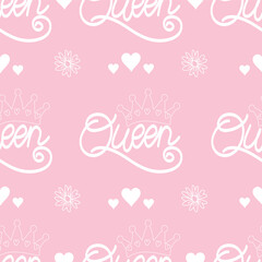 Seamless pattern with queen crown, hearts and floral elements