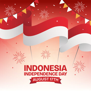 Happy Indonesia Independence Day August 17th with waving flag ribbon and fireworks on dotted map background