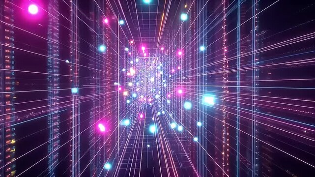 Abstract Digital Tunnel with Glowing Lights in Purple and Blue Colors Representing Data Network in Motion