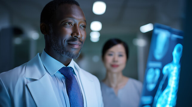 Doctors reviewing digital medical scan in high-tech hospital environment.
