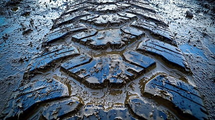 Close-Up of Tire Tread Imprints on Wet Asphalt and Mud Capturing the Raw Aftermath of a Racing Event