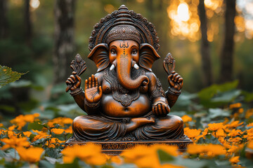 Fototapeta premium Divine Grace: A serene depiction of Lord Ganesha, the beloved deity, radiating tranquility amidst nature's embrace. Embracing the essence of spirituality, harmony, and auspicious beginnings.