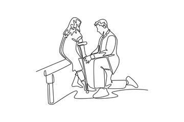 Doctor and patient concept. Single line draw design. Vector graphic illustration