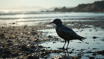 Bird struggling in oil spill coastal beach wildlife photography natural environment side view ecological impact