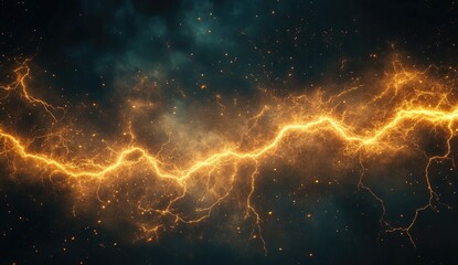 Powerful, golden lightning bolt streaks across a dark, stormy backdrop